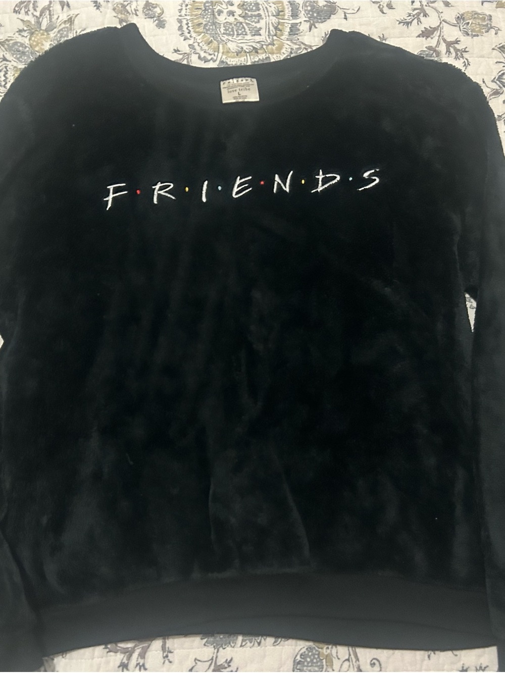 Love Tribe Black Plush FRIENDS Logo Sweatshirt with Multicolor Dots